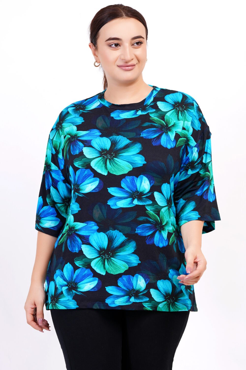 Blue flower Digital print Oversized T-shirt