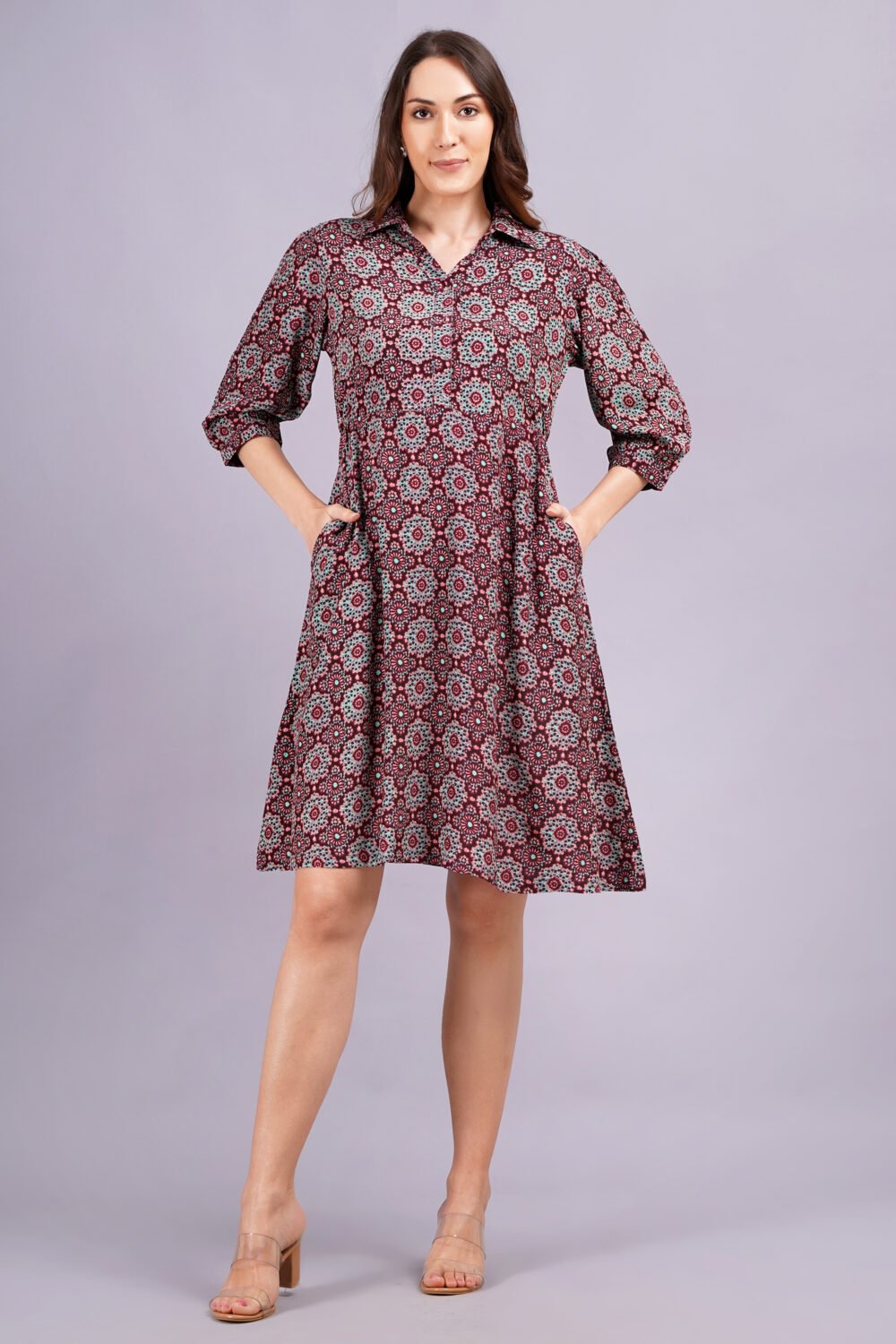 Women’s Burgundy printed Midi Shirt Dress | Viscose | A-Line | Button-Down