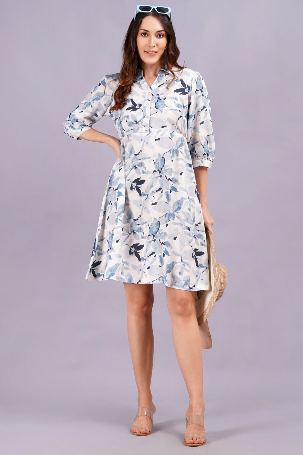 Women’s ble flower print  Shirt Dress – Knee Length